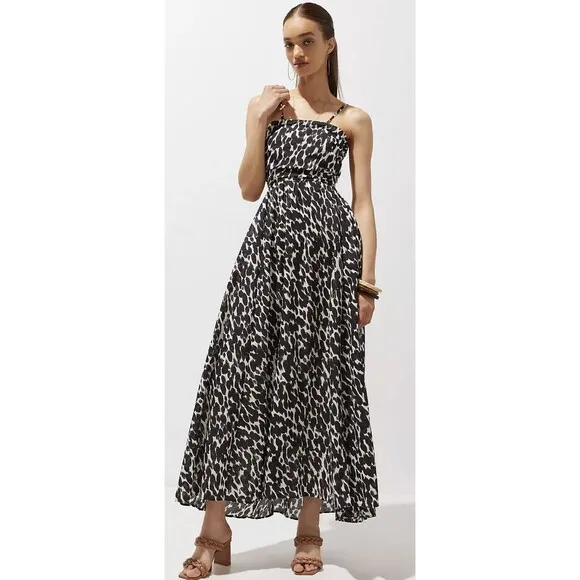 Anthropologie Women Shirred Cut-Out Maxi Preppy Black and White Dress Sz M NWT