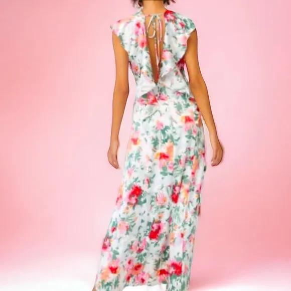 Anthropologie x Hutch Faux Wrap 6P / Sm Pink Green Floral Silky Maxi Dress