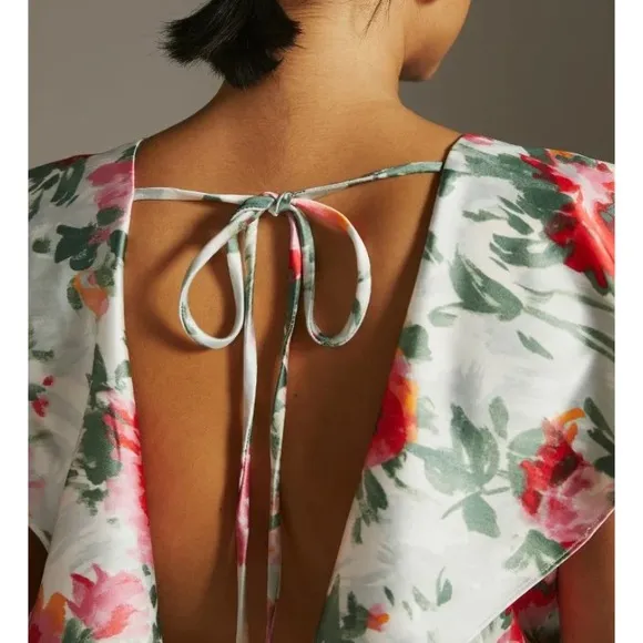 Anthropologie x Hutch Faux Wrap 6P / Sm Pink Green Floral Silky Maxi Dress