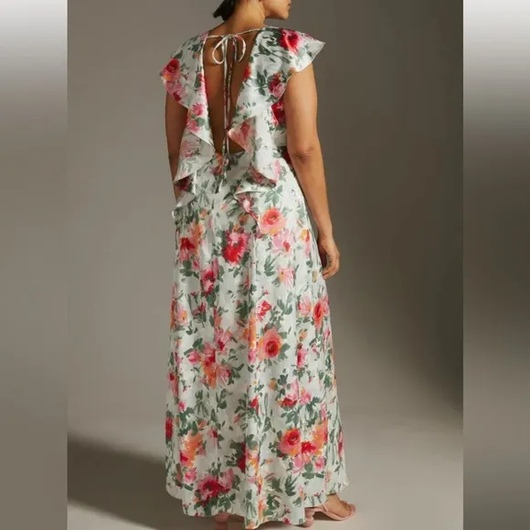 Anthropologie x Hutch Faux Wrap 6P / Sm Pink Green Floral Silky Maxi Dress
