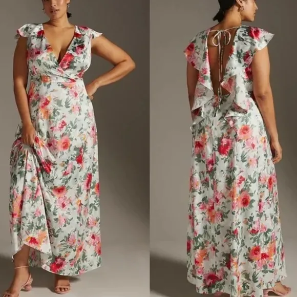 Anthropologie x Hutch Faux Wrap 6P / Sm Pink Green Floral Silky Maxi Dress