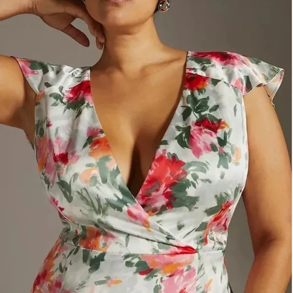 Anthropologie x Hutch Faux Wrap 6P / Sm Pink Green Floral Silky Maxi Dress