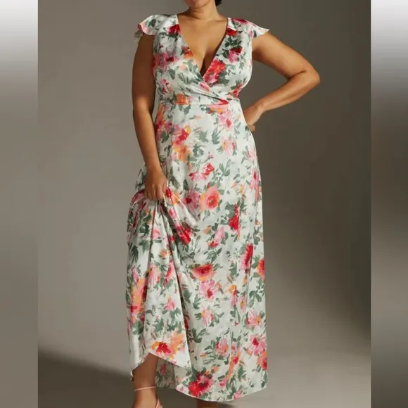 Anthropologie x Hutch Faux Wrap 6P / Sm Pink Green Floral Silky Maxi Dress