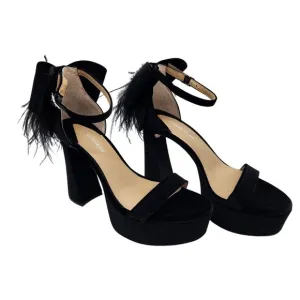Antonio Melani Platform Sandals Size 8.5 Black Velvet feathers Rhinestone (729)