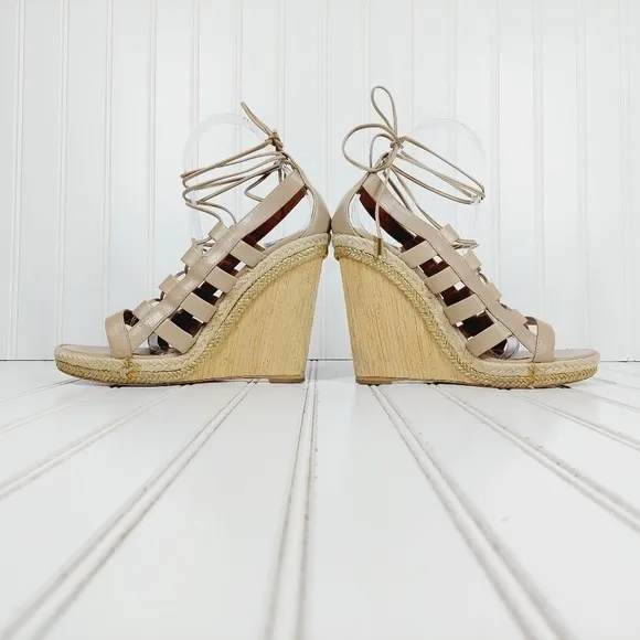 Aquazzura Amazon Leather Cream Tan Rope and Wood Evening Wedge Sandals B366