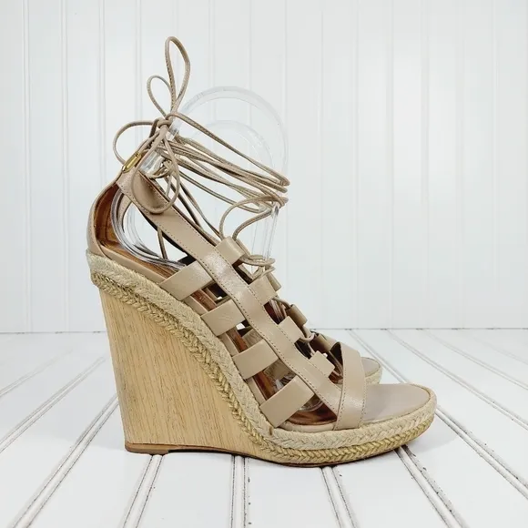 Aquazzura Amazon Leather Cream Tan Rope and Wood Evening Wedge Sandals B366