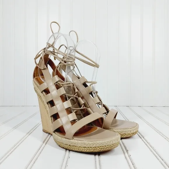 Aquazzura Amazon Leather Cream Tan Rope and Wood Evening Wedge Sandals B366