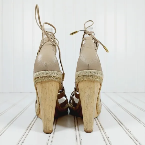 Aquazzura Amazon Leather Cream Tan Rope and Wood Evening Wedge Sandals B366