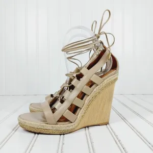 Aquazzura Amazon Leather Cream Tan Rope and Wood Evening Wedge Sandals B366