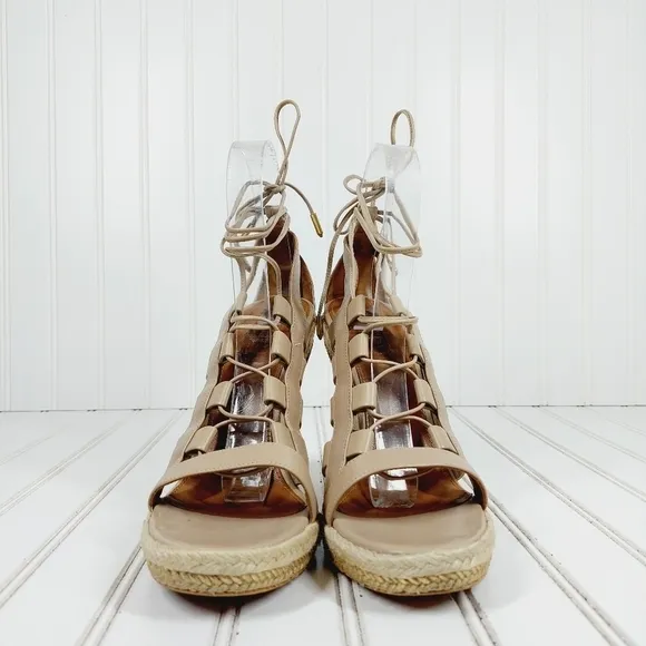 Aquazzura Amazon Leather Cream Tan Rope and Wood Evening Wedge Sandals B366