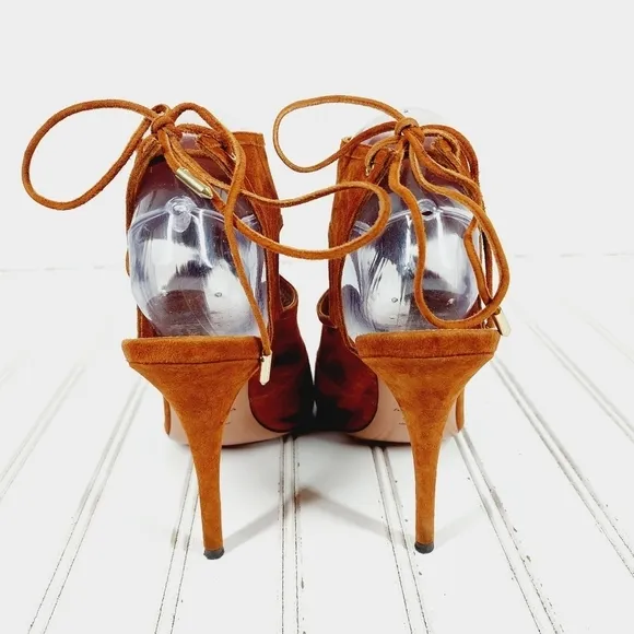 Aquazzura Brown Suede Cut Out Open Toe Lace Back Ankle Boots Sandals Heels B178