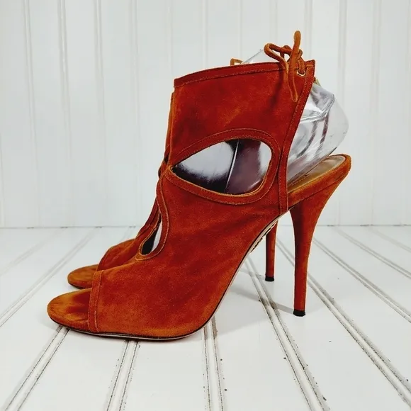 Aquazzura Brown Suede Cut Out Open Toe Lace Back Ankle Boots Sandals Heels B178