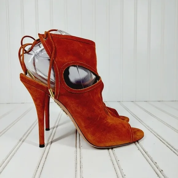 Aquazzura Brown Suede Cut Out Open Toe Lace Back Ankle Boots Sandals Heels B178