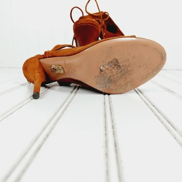 Aquazzura Brown Suede Cut Out Open Toe Lace Back Ankle Boots Sandals Heels B178