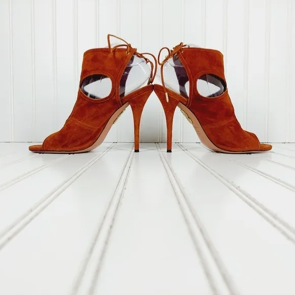 Aquazzura Brown Suede Cut Out Open Toe Lace Back Ankle Boots Sandals Heels B178