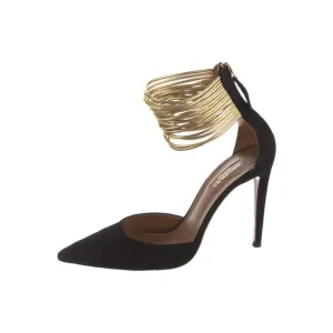 Aquazzura Hello Lover Black Suede Gold Ankle Strap Heels Pumps Size 40.5