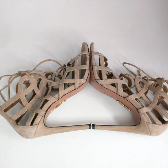 Aquazzura x Olivia Palermo Blush Pink Suede Cut Out Lace Up Stiletto Sandals 36