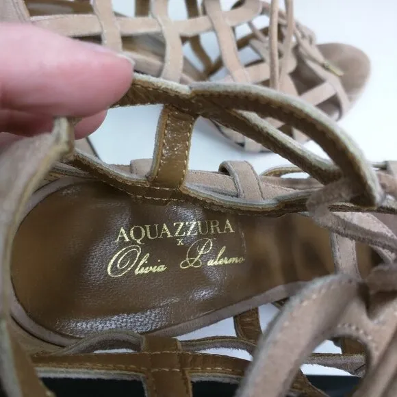Aquazzura x Olivia Palermo Blush Pink Suede Cut Out Lace Up Stiletto Sandals 36