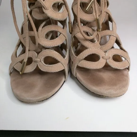 Aquazzura x Olivia Palermo Blush Pink Suede Cut Out Lace Up Stiletto Sandals 36