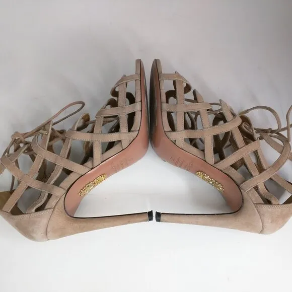 Aquazzura x Olivia Palermo Blush Pink Suede Cut Out Lace Up Stiletto Sandals 36