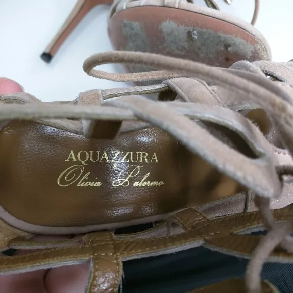 Aquazzura x Olivia Palermo Blush Pink Suede Cut Out Lace Up Stiletto Sandals 36