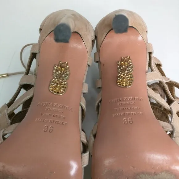 Aquazzura x Olivia Palermo Blush Pink Suede Cut Out Lace Up Stiletto Sandals 36