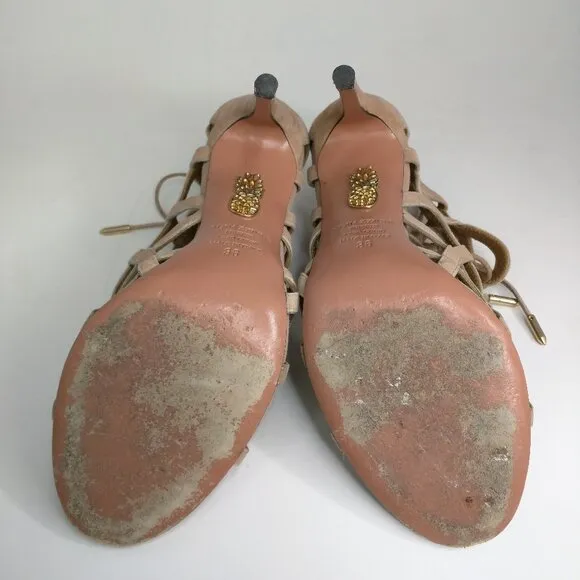 Aquazzura x Olivia Palermo Blush Pink Suede Cut Out Lace Up Stiletto Sandals 36