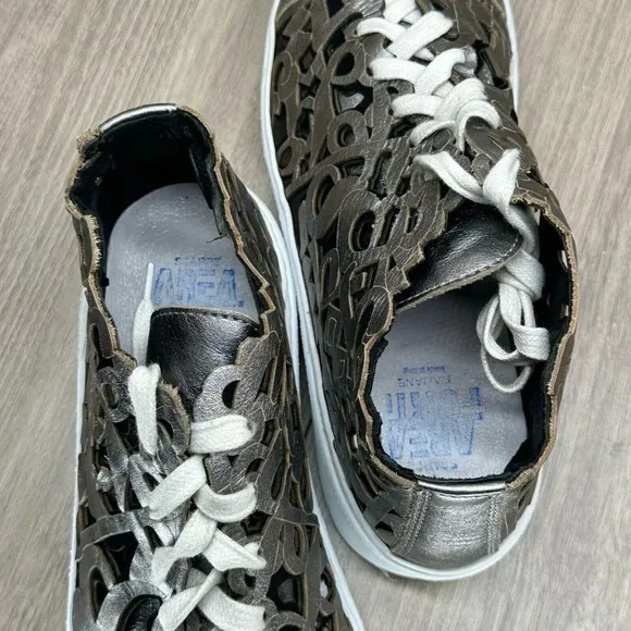 AREA FORTE Shoes Women Sz 39 US 9 Laser-Cut Sneakers Leather Pewter Silver Italy