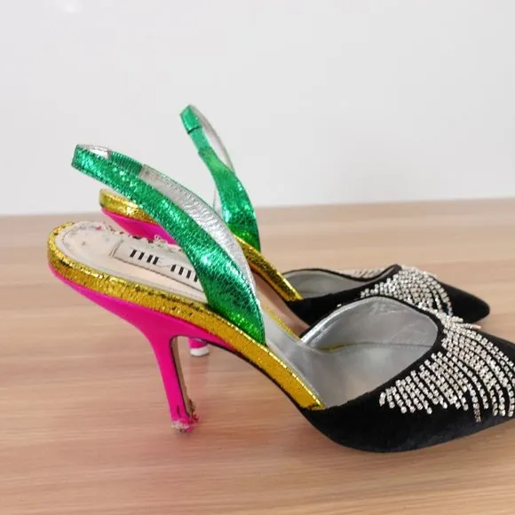 Attico Shoes 37 Pump Embellished Heels Crystal Sling Chandelier Party Mara $1285