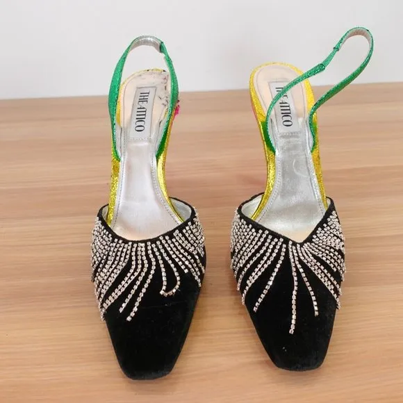 Attico Shoes 37 Pump Embellished Heels Crystal Sling Chandelier Party Mara $1285
