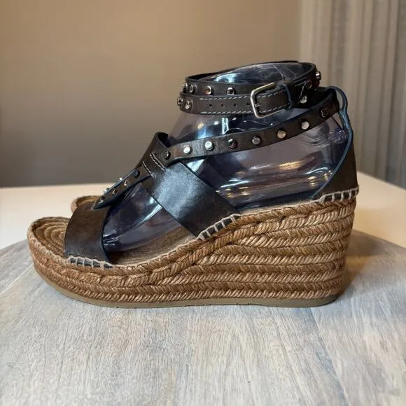 Authentic Jimmy Choo Raffia Calfskin Stud Danica Wedge Sandals US Size 8 EU 38
