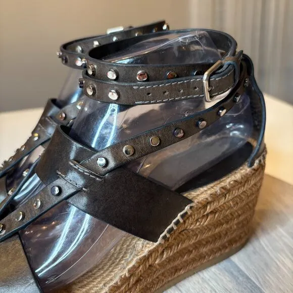 Authentic Jimmy Choo Raffia Calfskin Stud Danica Wedge Sandals US Size 8 EU 38