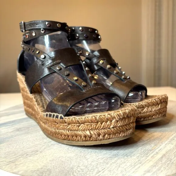 Authentic Jimmy Choo Raffia Calfskin Stud Danica Wedge Sandals US Size 8 EU 38