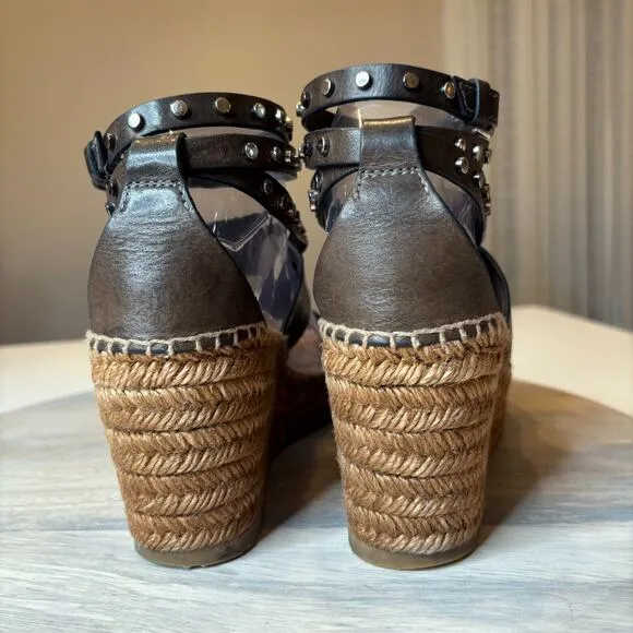 Authentic Jimmy Choo Raffia Calfskin Stud Danica Wedge Sandals US Size 8 EU 38