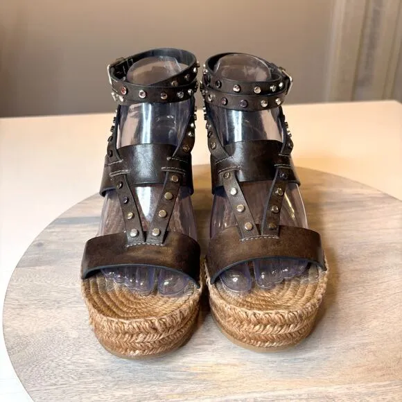 Authentic Jimmy Choo Raffia Calfskin Stud Danica Wedge Sandals US Size 8 EU 38