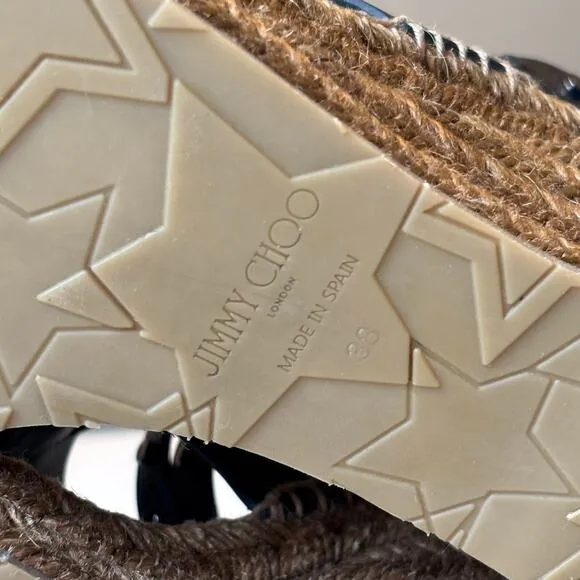 Authentic Jimmy Choo Raffia Calfskin Stud Danica Wedge Sandals US Size 8 EU 38