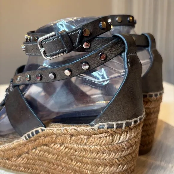 Authentic Jimmy Choo Raffia Calfskin Stud Danica Wedge Sandals US Size 8 EU 38