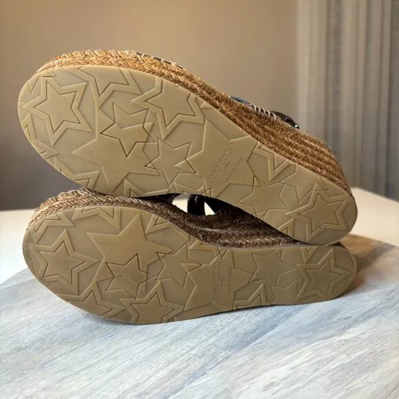 Authentic Jimmy Choo Raffia Calfskin Stud Danica Wedge Sandals US Size 8 EU 38