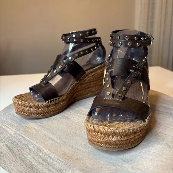 Authentic Jimmy Choo Raffia Calfskin Stud Danica Wedge Sandals US Size 8 EU 38