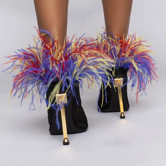 Azalea Wang Shake YOUR FEATHERS STILETTO BOOTIE MULTI Black Red Blue Yellow 6.5