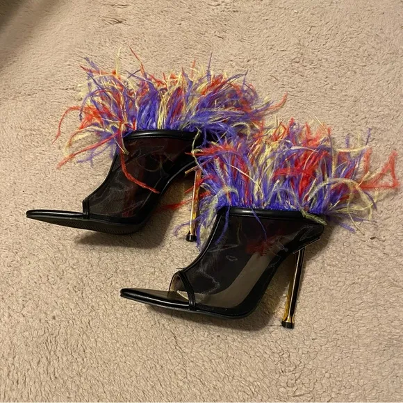 Azalea Wang Shake YOUR FEATHERS STILETTO BOOTIE MULTI Black Red Blue Yellow 6.5