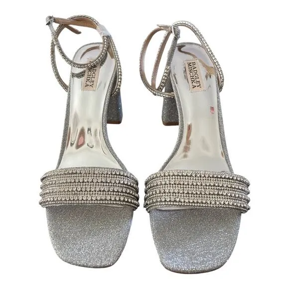 Badgley Mischka Becca Crystal Embellished Heels Sandals Ankle Strap Silver Sz 11
