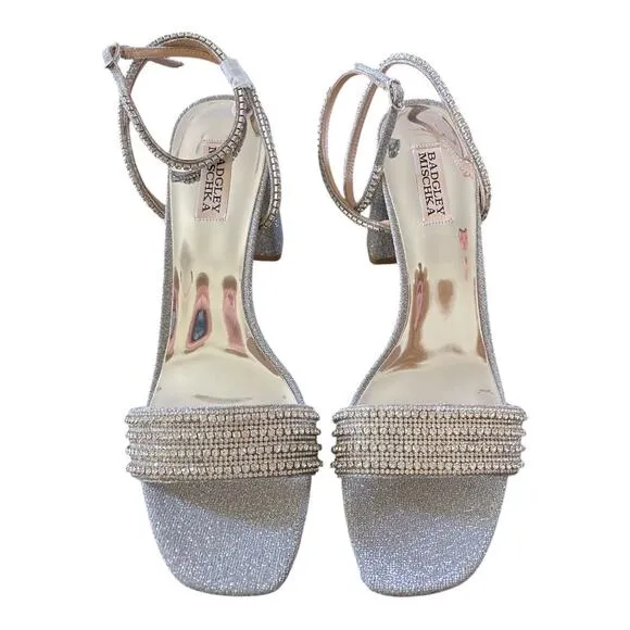 Badgley Mischka Becca Crystal Embellished Heels Sandals Ankle Strap Silver Sz 11