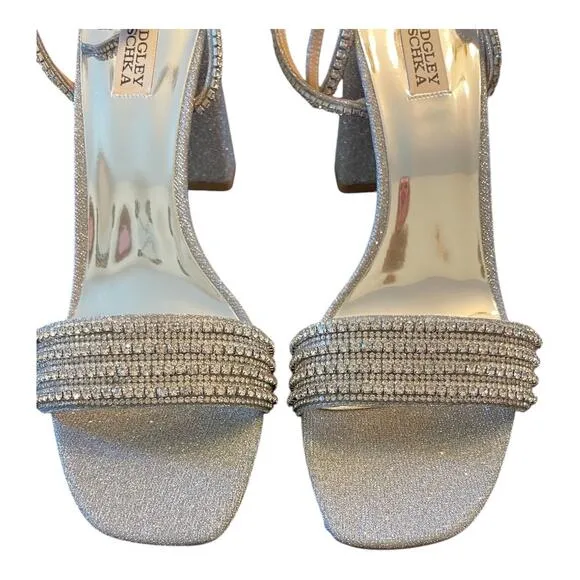 Badgley Mischka Becca Crystal Embellished Heels Sandals Ankle Strap Silver Sz 11