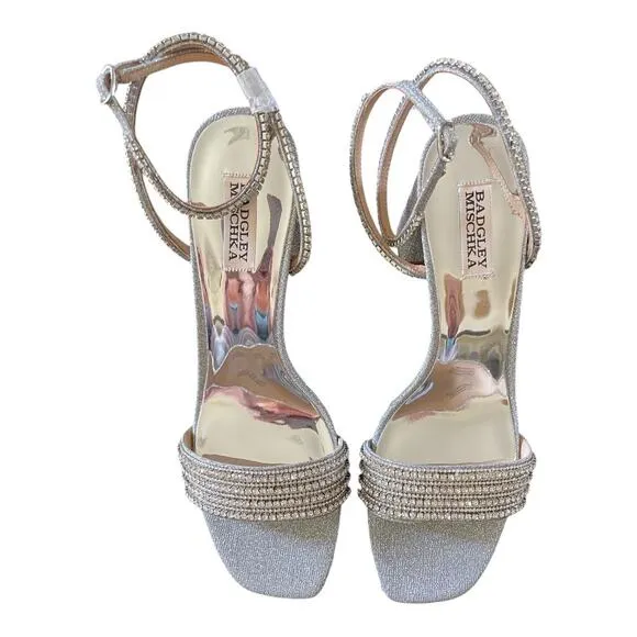 Badgley Mischka Becca Crystal Embellished Heels Sandals Ankle Strap Silver Sz 11