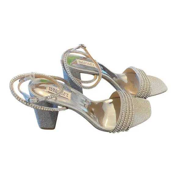 Badgley Mischka Becca Crystal Embellished Heels Sandals Ankle Strap Silver Sz 11