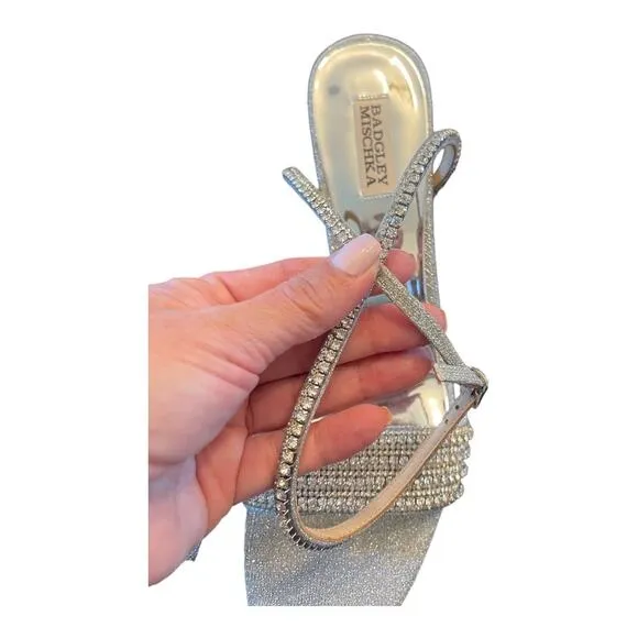 Badgley Mischka Becca Crystal Embellished Heels Sandals Ankle Strap Silver Sz 11