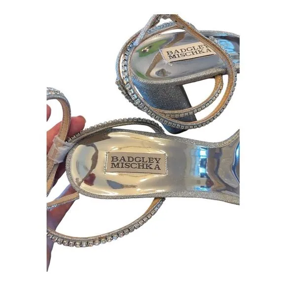 Badgley Mischka Becca Crystal Embellished Heels Sandals Ankle Strap Silver Sz 11