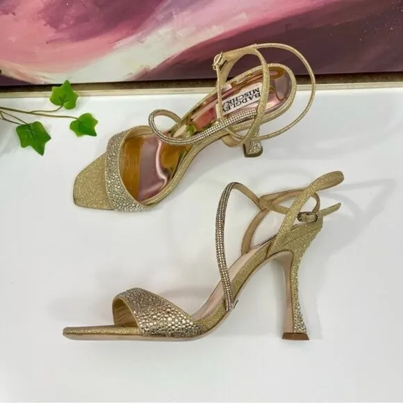Badgley Mischka Brand Sally Curvy Heel Stiletto Sandal in Gold Size 9