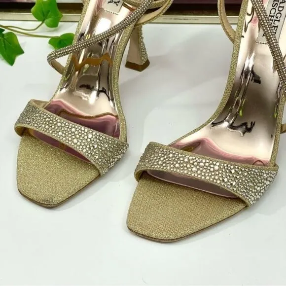 Badgley Mischka Brand Sally Curvy Heel Stiletto Sandal in Gold Size 9